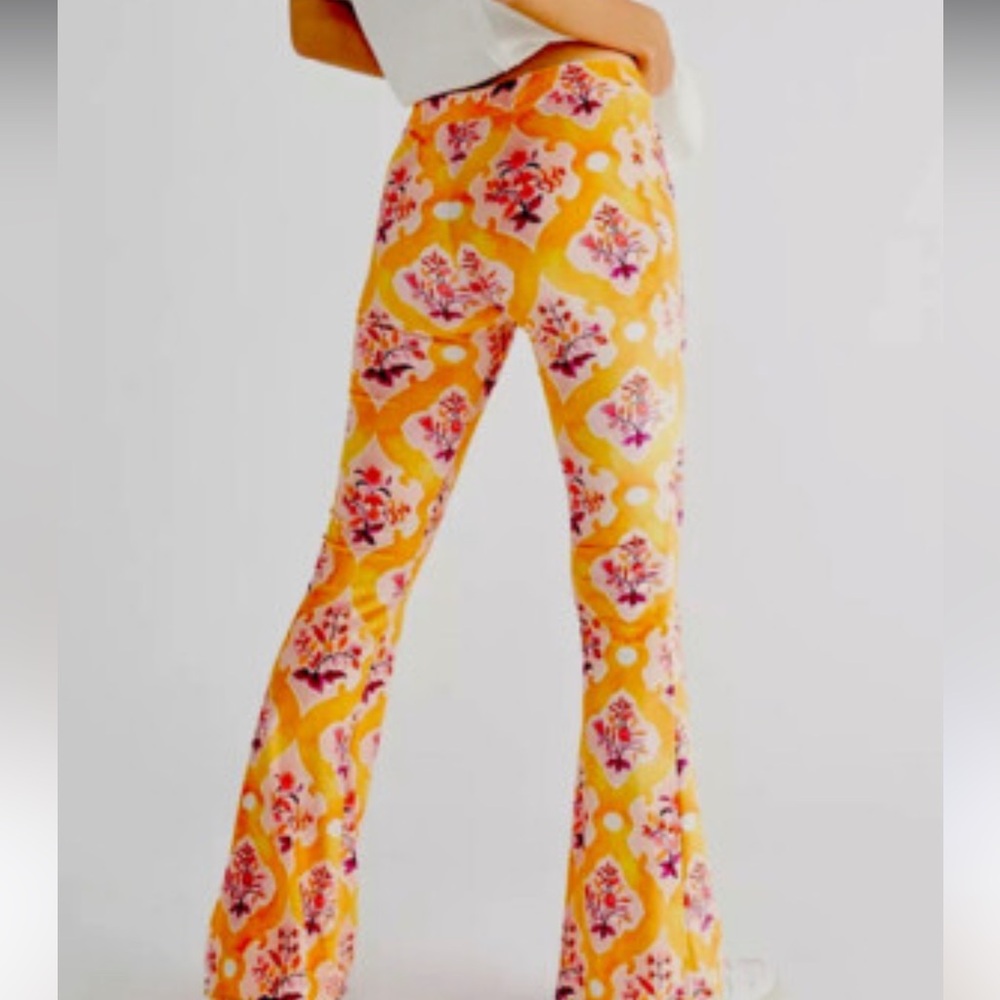 Free People Yellow and Pink Floral Flare Pants